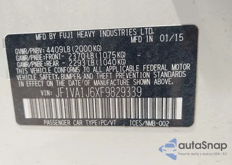 2015 Subaru Wrx Limited from USA, damaged, VIN JF1VA1J6XF9829339
